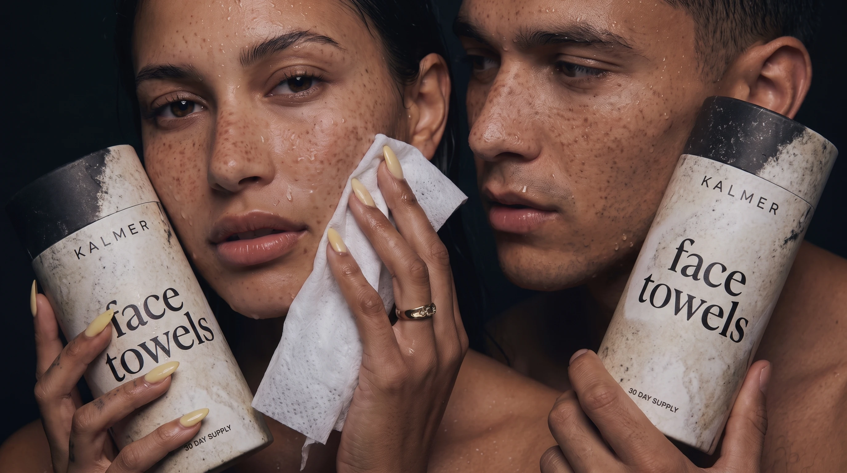 Washing your face with a fresh KALMER towel